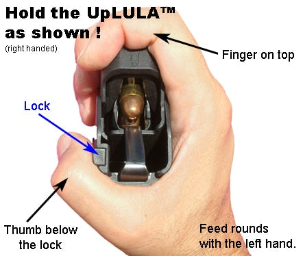 Hand holding a firearm magazine with labeled parts on a white background